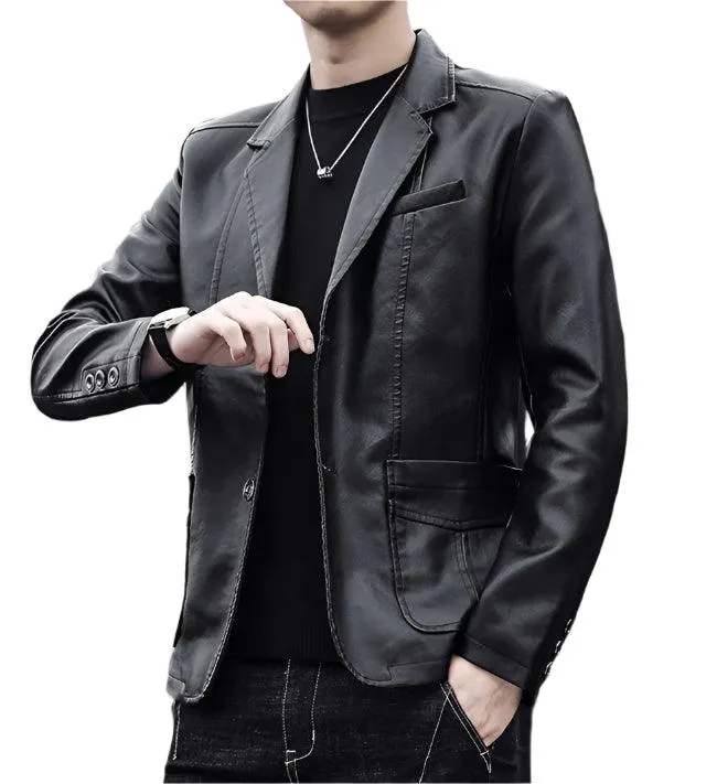 Men's Business Casual Leather Jacket – Slim Fit Suit Collar Coat