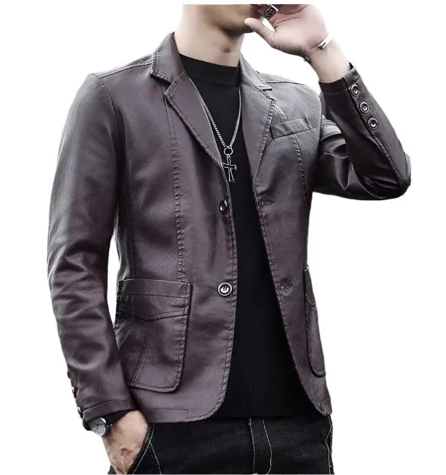Men's Business Casual Leather Jacket – Slim Fit Suit Collar Coat