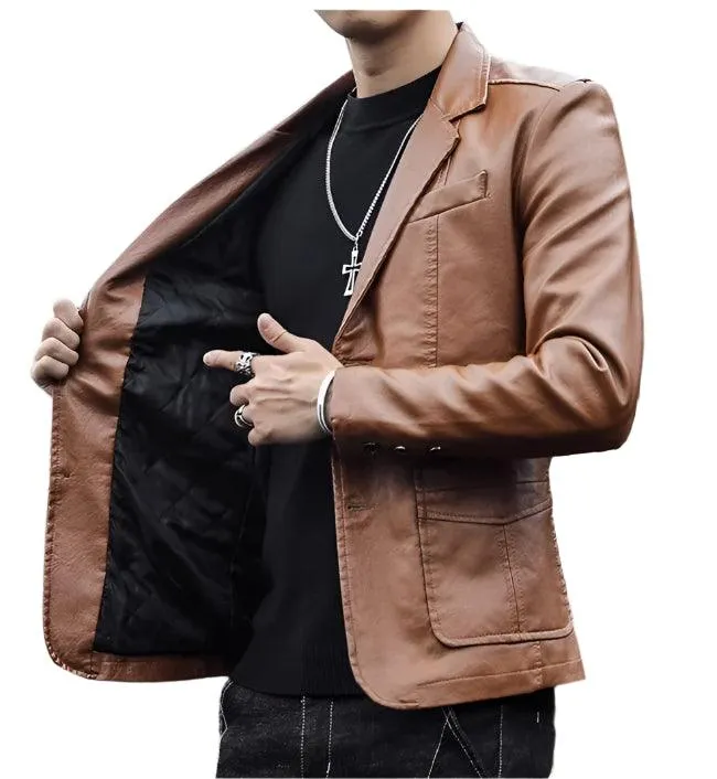 Men's Business Casual Leather Jacket – Slim Fit Suit Collar Coat