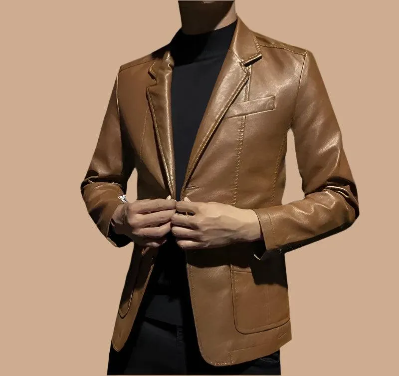 Men's Business Casual Leather Jacket – Slim Fit Suit Collar Coat