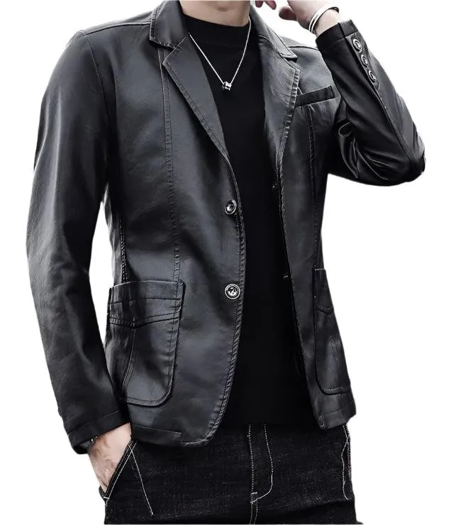 Men's Business Casual Leather Jacket – Slim Fit Suit Collar Coat