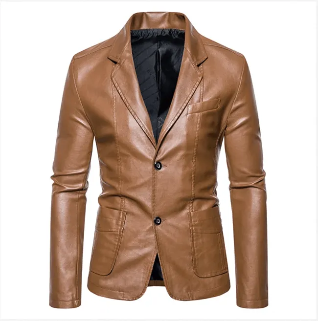 Men's Business Casual Leather Jacket – Slim Fit Suit Collar Coat