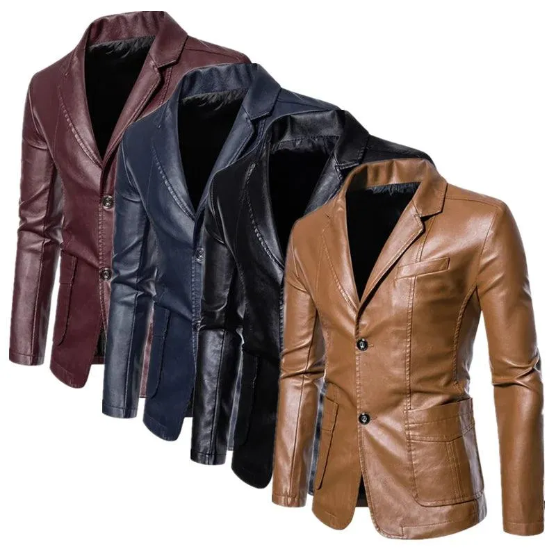 Men's Business Casual Leather Jacket – Slim Fit Suit Collar Coat