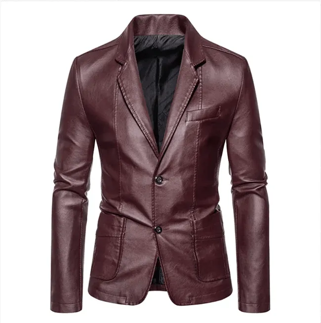 Men's Business Casual Leather Jacket – Slim Fit Suit Collar Coat