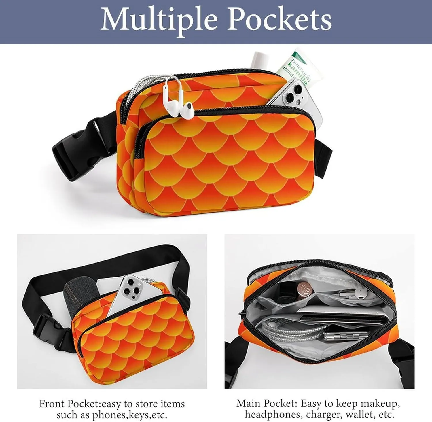 Mens Crossbody Fanny Pack - Workout/Running Belt Bag for Cycling/Travel/Hiking Compatible with Mermaid Fish Scales Orange