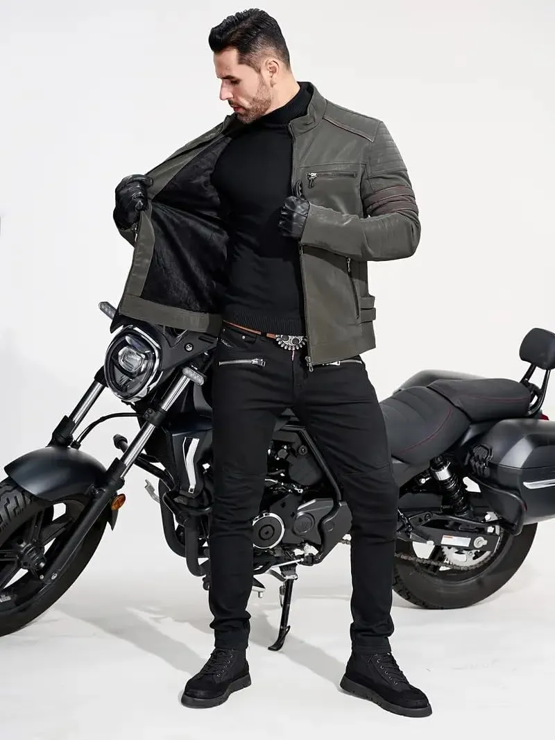 Men's Retro Casual Personalized Embroidery Long Sleeve Faux Leather Street Motorcycle Jacket