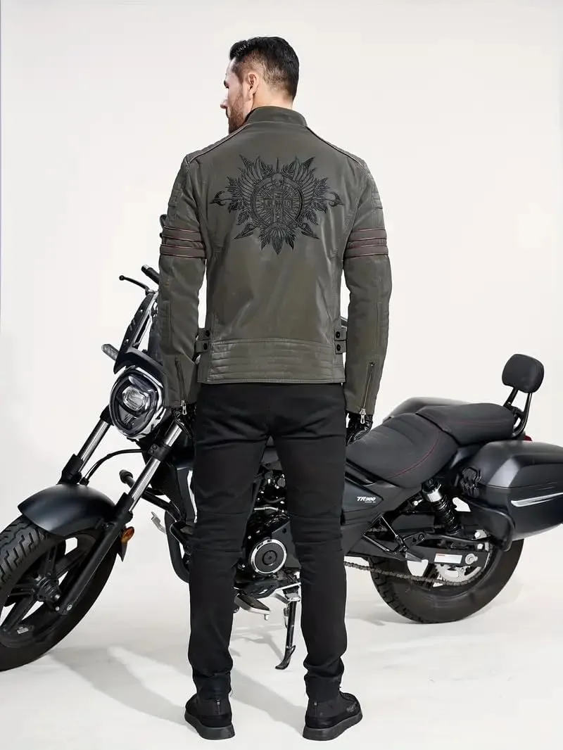 Men's Retro Casual Personalized Embroidery Long Sleeve Faux Leather Street Motorcycle Jacket