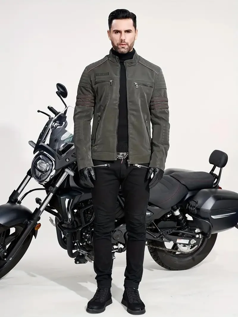 Men's Retro Casual Personalized Embroidery Long Sleeve Faux Leather Street Motorcycle Jacket