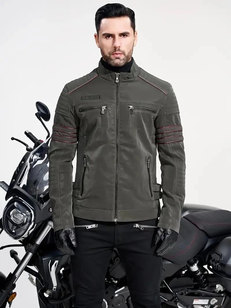 Men's Retro Casual Personalized Embroidery Long Sleeve Faux Leather Street Motorcycle Jacket