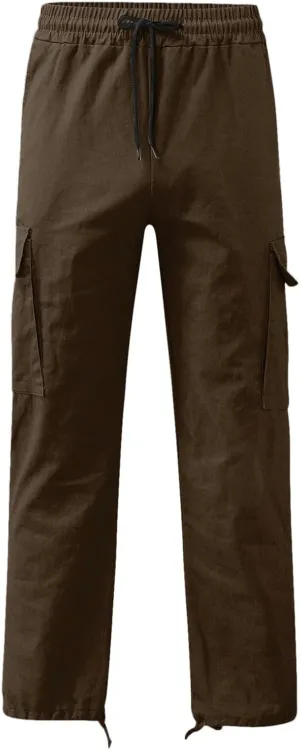 Mens Solid Cargo Pants Solid Color Multi Pockets Straight Leg Trousers Sports Overalls Drawstring Hiking Joggers