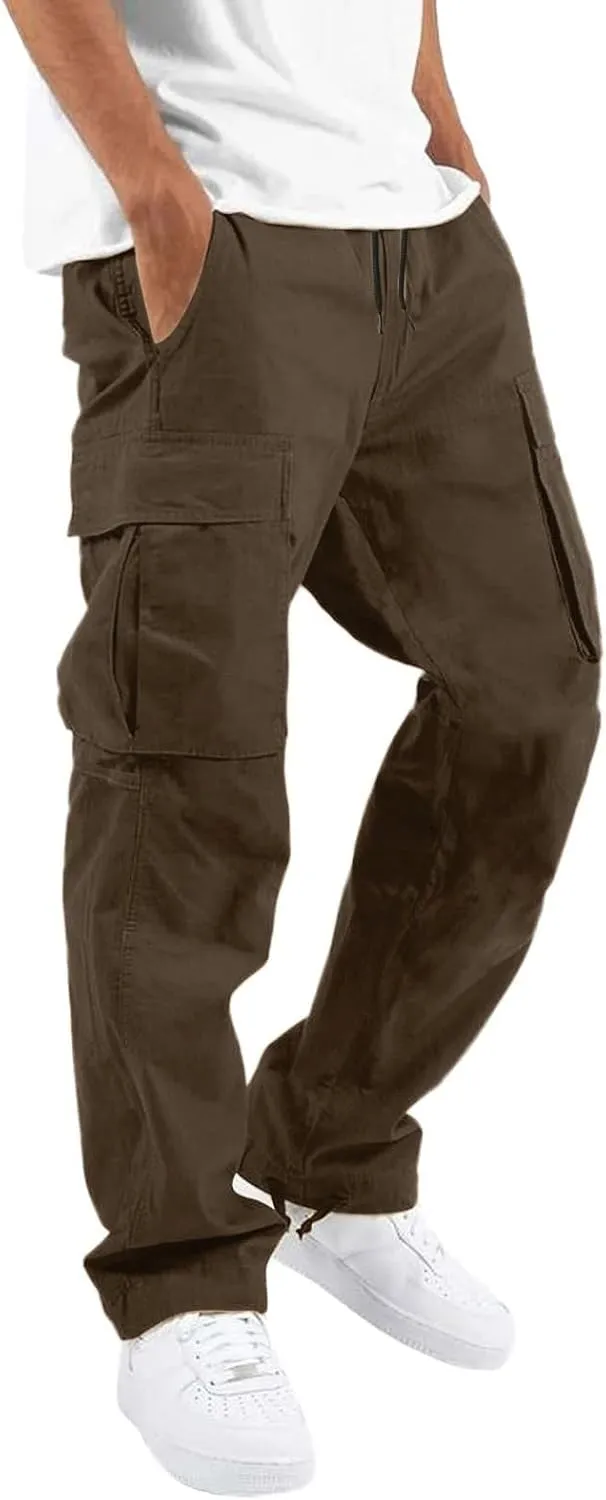 Mens Solid Cargo Pants Solid Color Multi Pockets Straight Leg Trousers Sports Overalls Drawstring Hiking Joggers