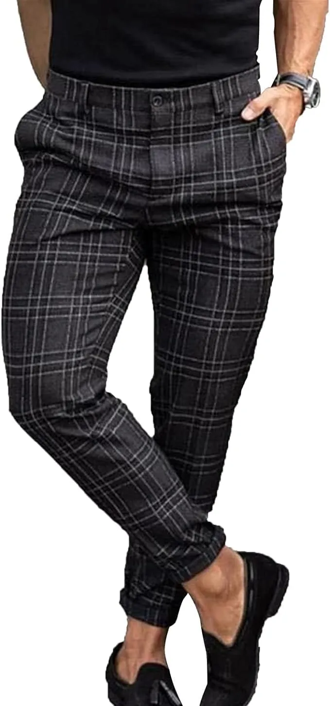 Mens Stretch Skinny Flat Front Pant Fashion Business Casual Chino Pants Formal Slim Fit Plaid Trousers