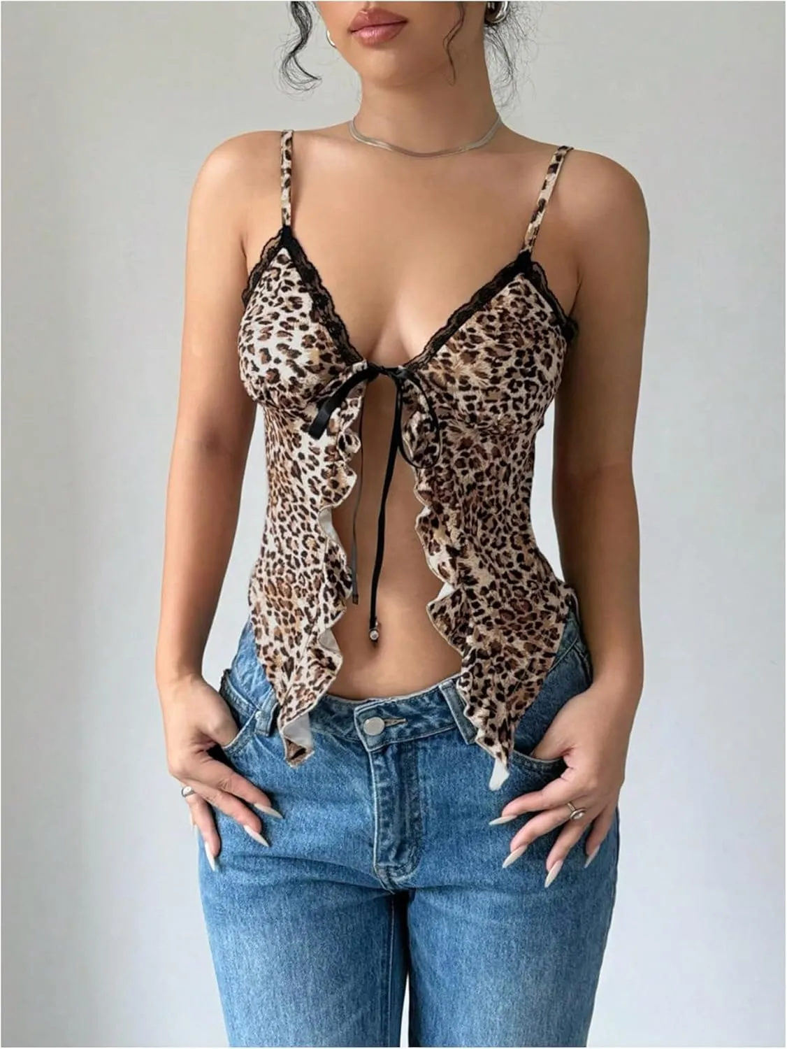 Milumia Women's Lace Leopard Print Tie Front Cami Top Ruffle V Neck Spaghetti Strap Camisole