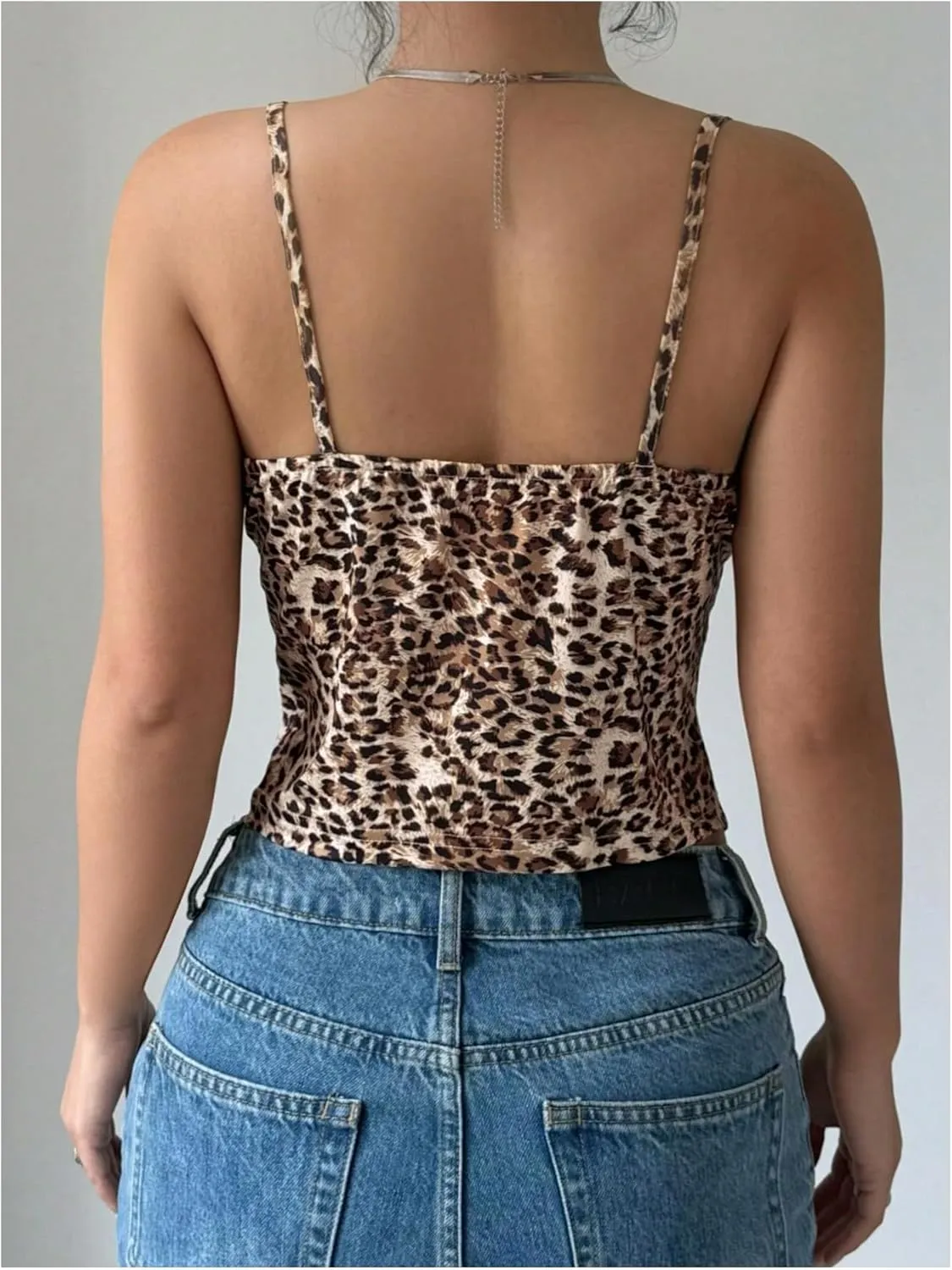Milumia Women's Lace Leopard Print Tie Front Cami Top Ruffle V Neck Spaghetti Strap Camisole