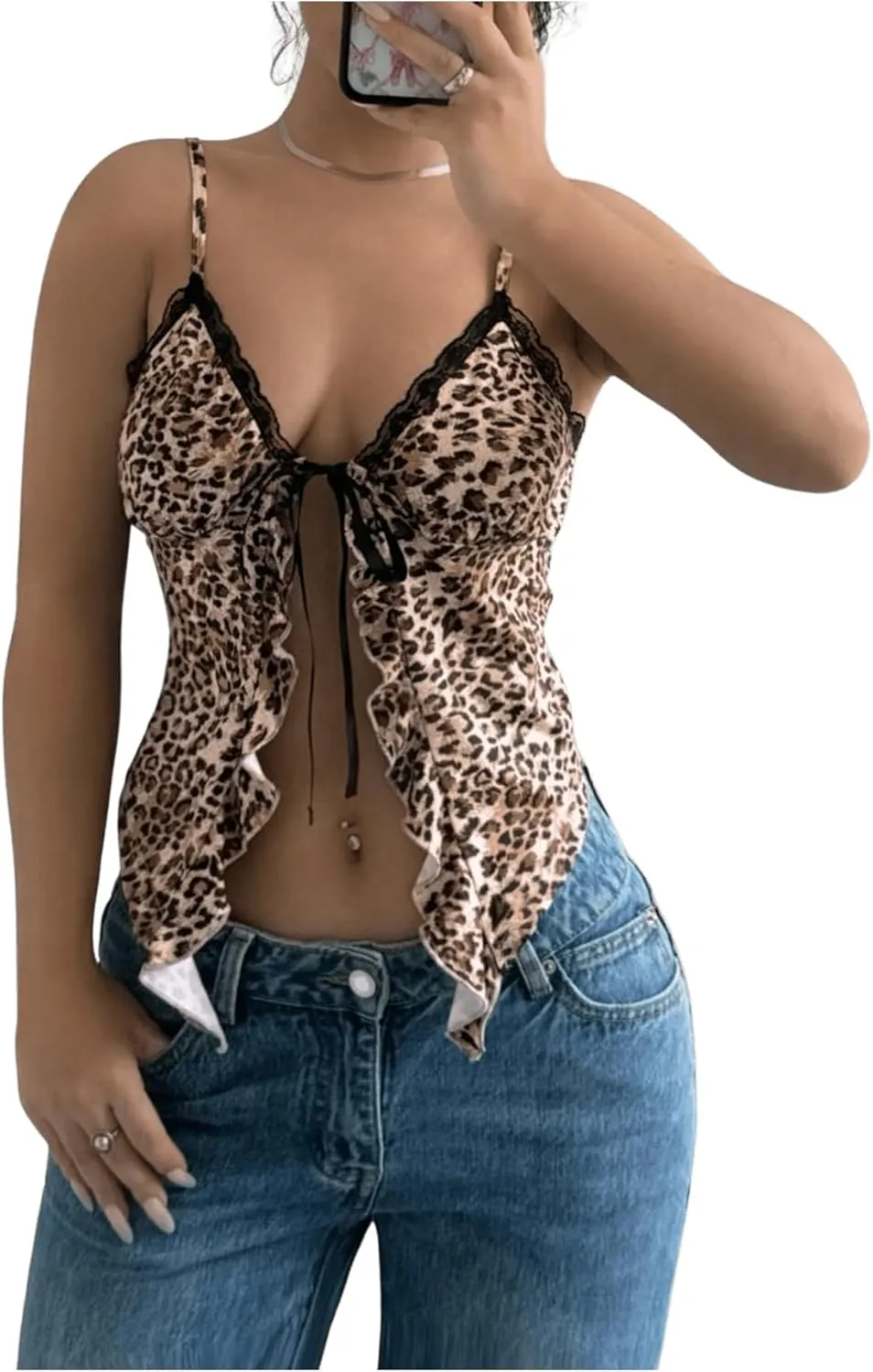 Milumia Women's Lace Leopard Print Tie Front Cami Top Ruffle V Neck Spaghetti Strap Camisole