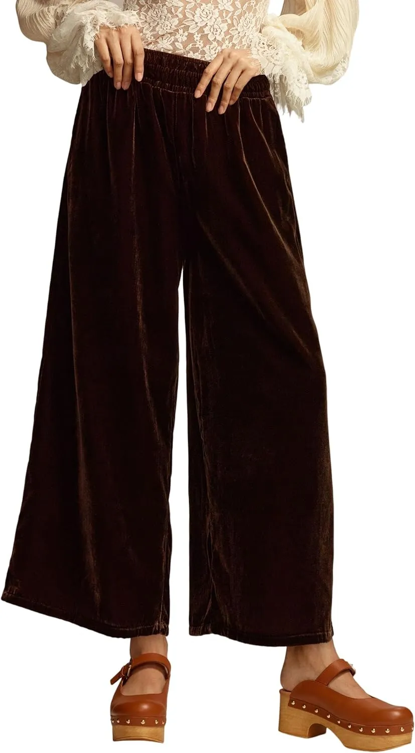 MISSACTIVER Women High Waisted Velvet Pants Loose Fit Wide Leg Lounge Pant Smocked Waist Trousers Palazzo Pants with Pockets