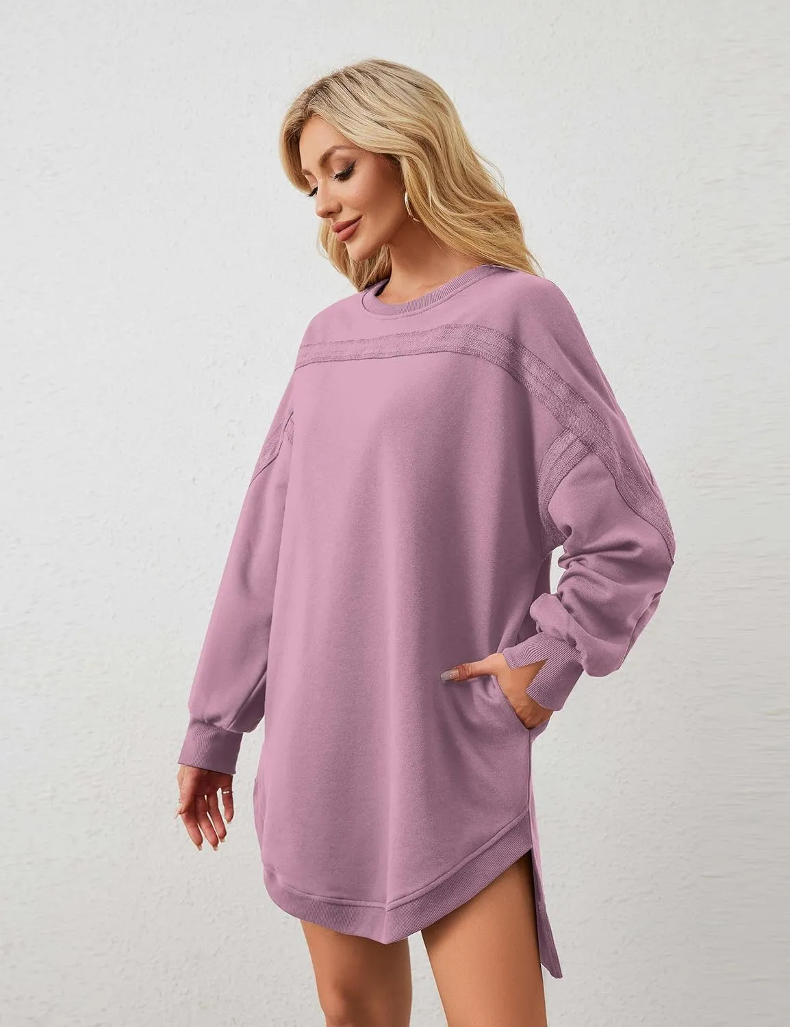 MISSACTIVER Women Sweatshirt Dress Crew Neck Long Sleeve Mini Dresses Oversized Drop Shoulder Side Split Pullover Tops