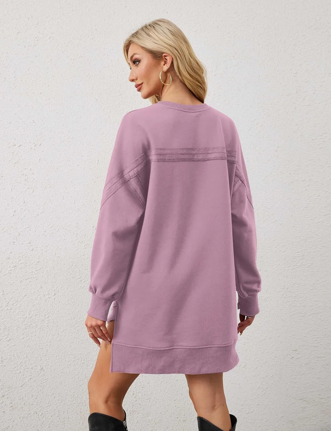 MISSACTIVER Women Sweatshirt Dress Crew Neck Long Sleeve Mini Dresses Oversized Drop Shoulder Side Split Pullover Tops