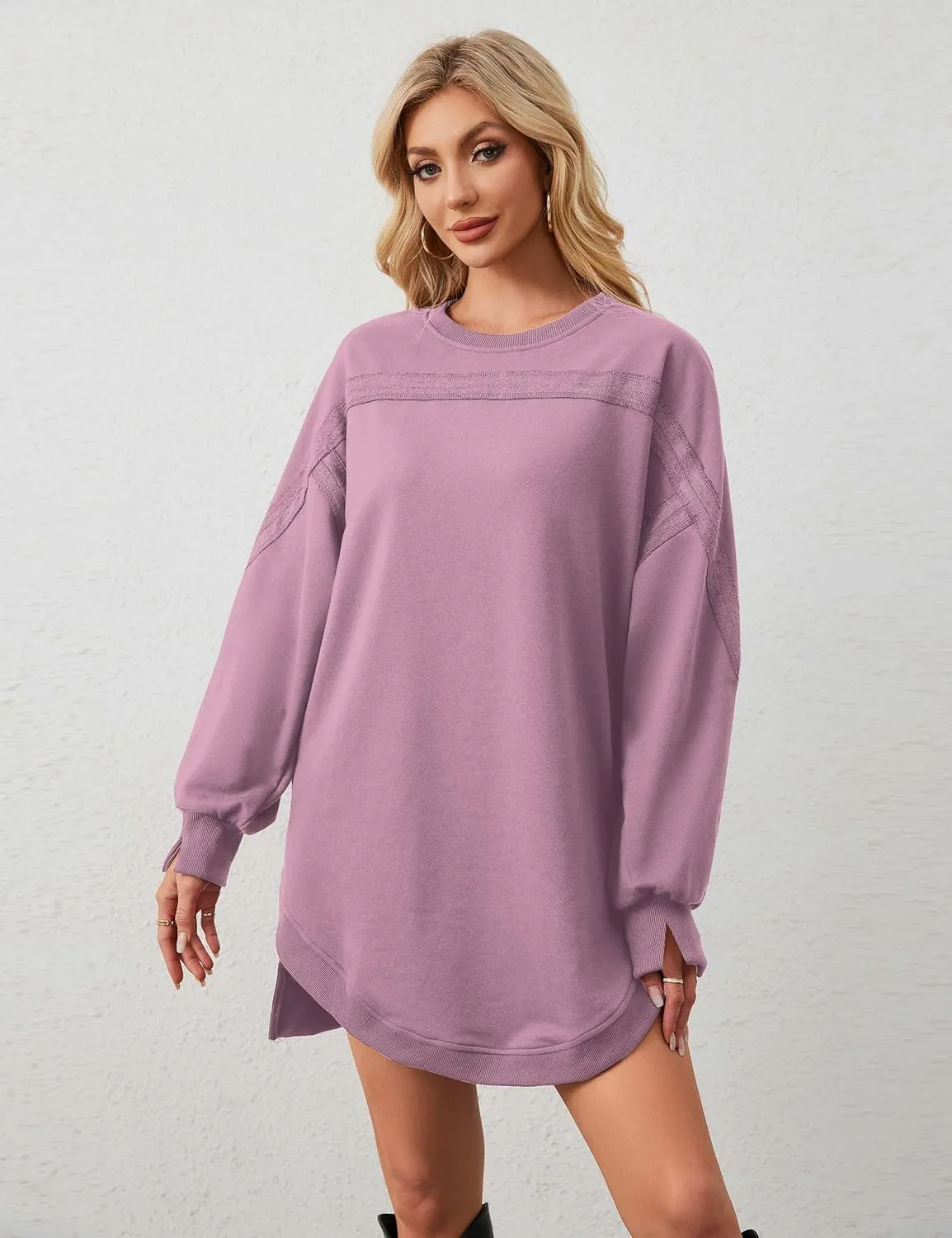 MISSACTIVER Women Sweatshirt Dress Crew Neck Long Sleeve Mini Dresses Oversized Drop Shoulder Side Split Pullover Tops