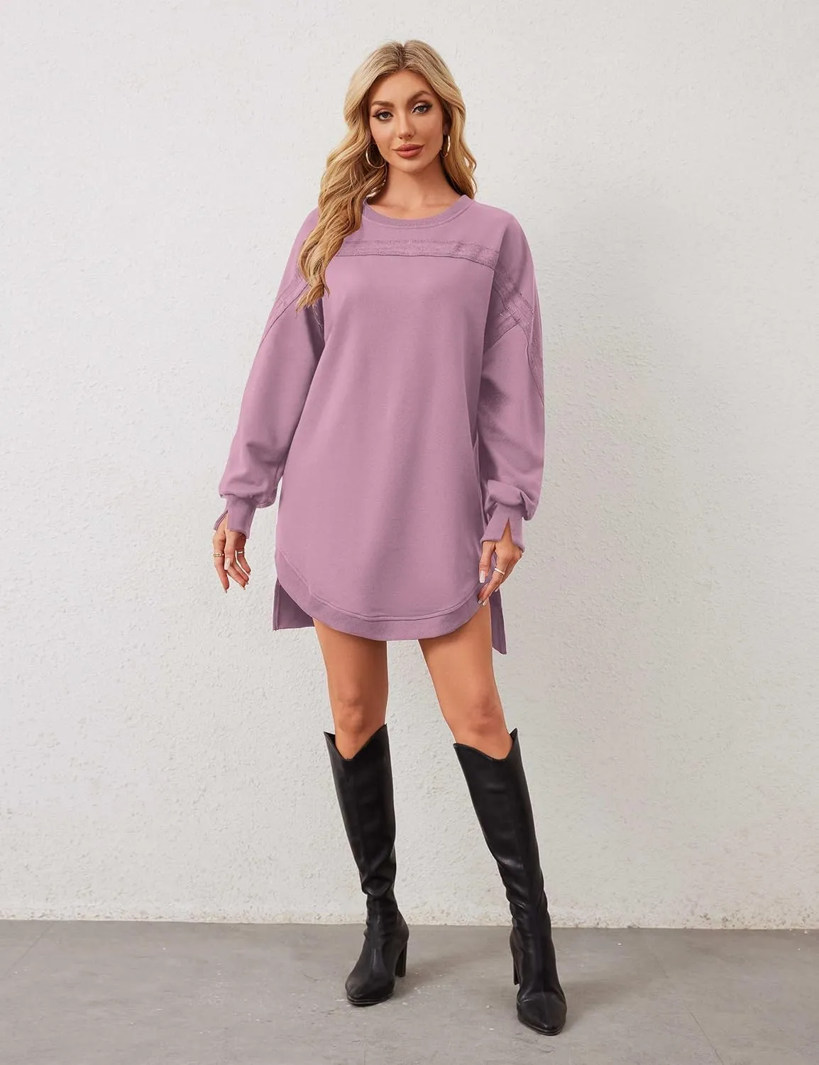 MISSACTIVER Women Sweatshirt Dress Crew Neck Long Sleeve Mini Dresses Oversized Drop Shoulder Side Split Pullover Tops