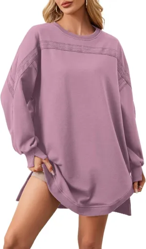 MISSACTIVER Women Sweatshirt Dress Crew Neck Long Sleeve Mini Dresses Oversized Drop Shoulder Side Split Pullover Tops
