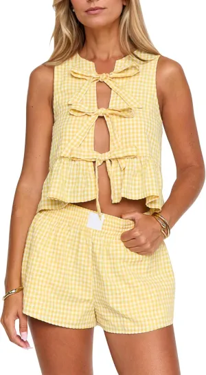 MISSACTIVER Women's Two Piece Outfit Gingham Tie Up Front Tank Tops and Wide Leg Short Set 2 Piece Pajama Sets with Pockets