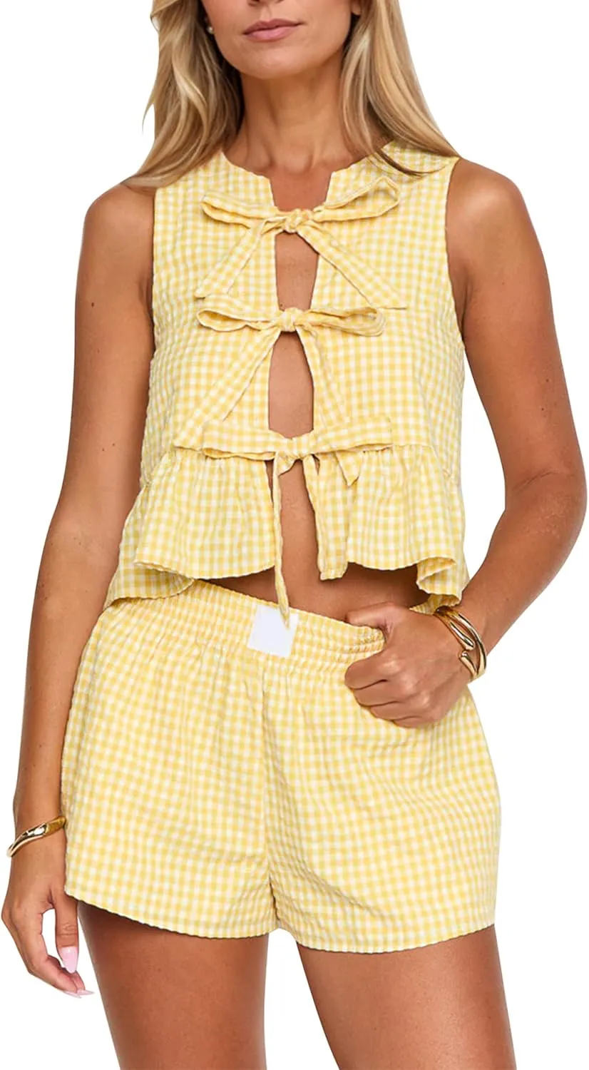MISSACTIVER Women's Two Piece Outfit Gingham Tie Up Front Tank Tops and Wide Leg Short Set 2 Piece Pajama Sets with Pockets