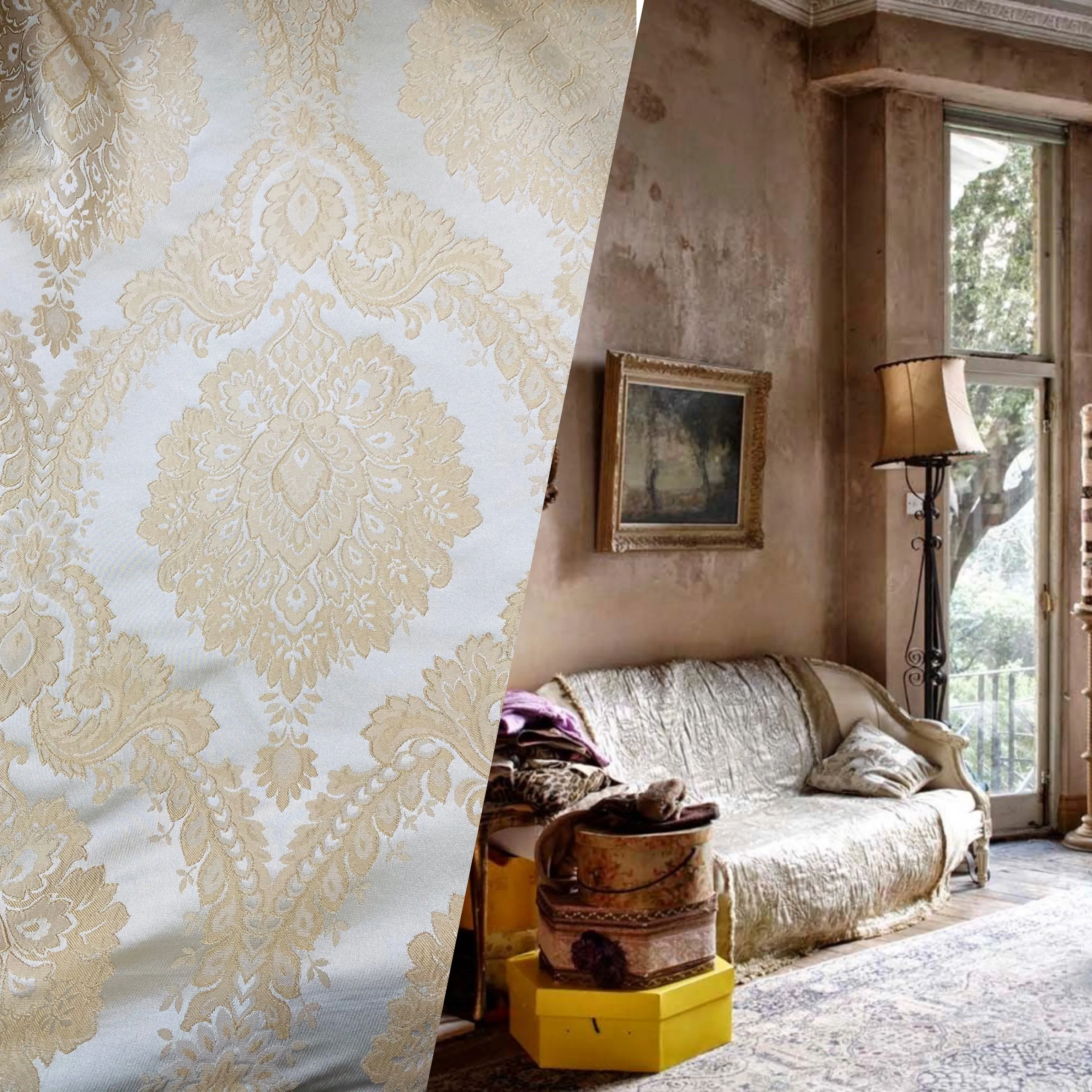 NEW! Prince Prescott Brocade Medallion Satin Fabric- Peach Gold and White