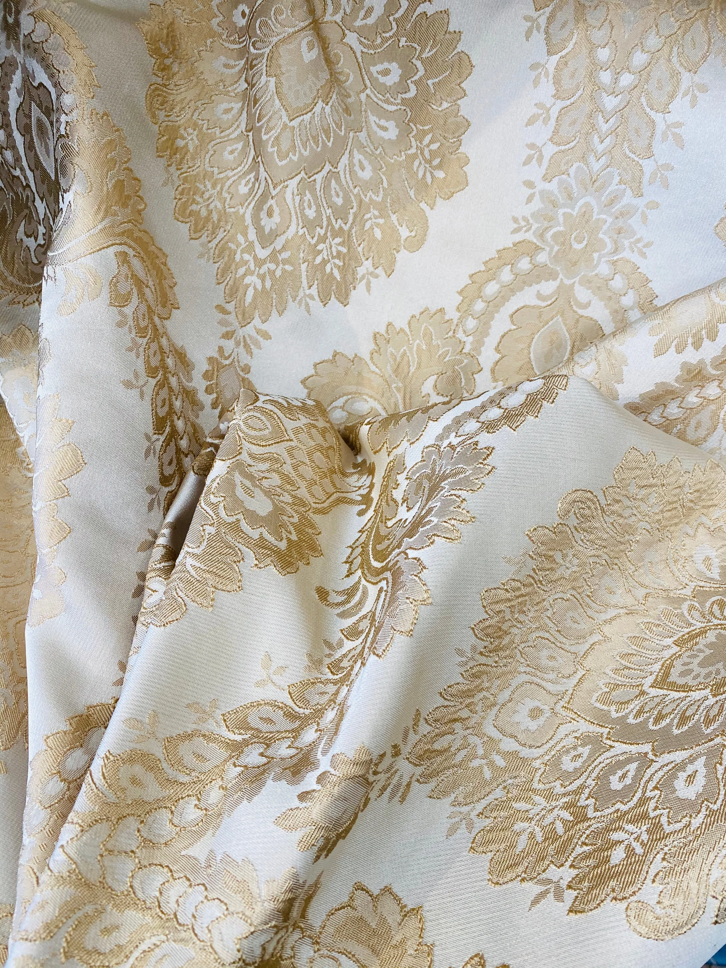 NEW! Prince Prescott Brocade Medallion Satin Fabric- Peach Gold and White