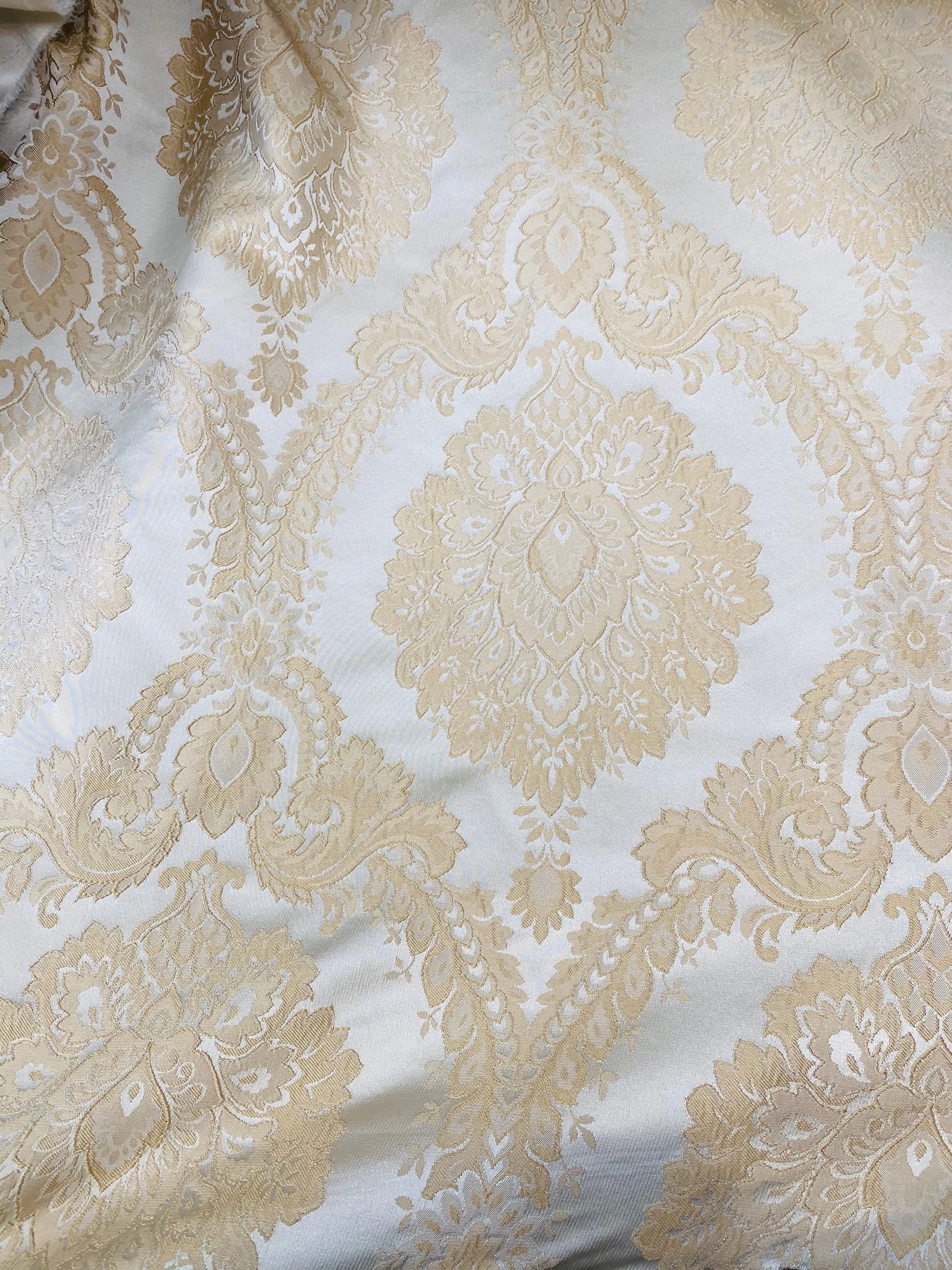 NEW! Prince Prescott Brocade Medallion Satin Fabric- Peach Gold and White