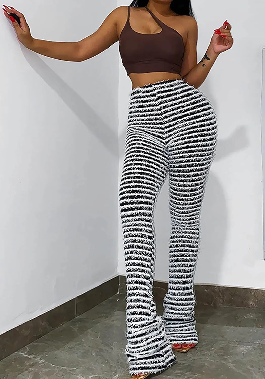 NRTHYE Womens Stacked Leggings Fleece Stripe Patchwork Knitted Pants High Waist Skinny Sweatpants