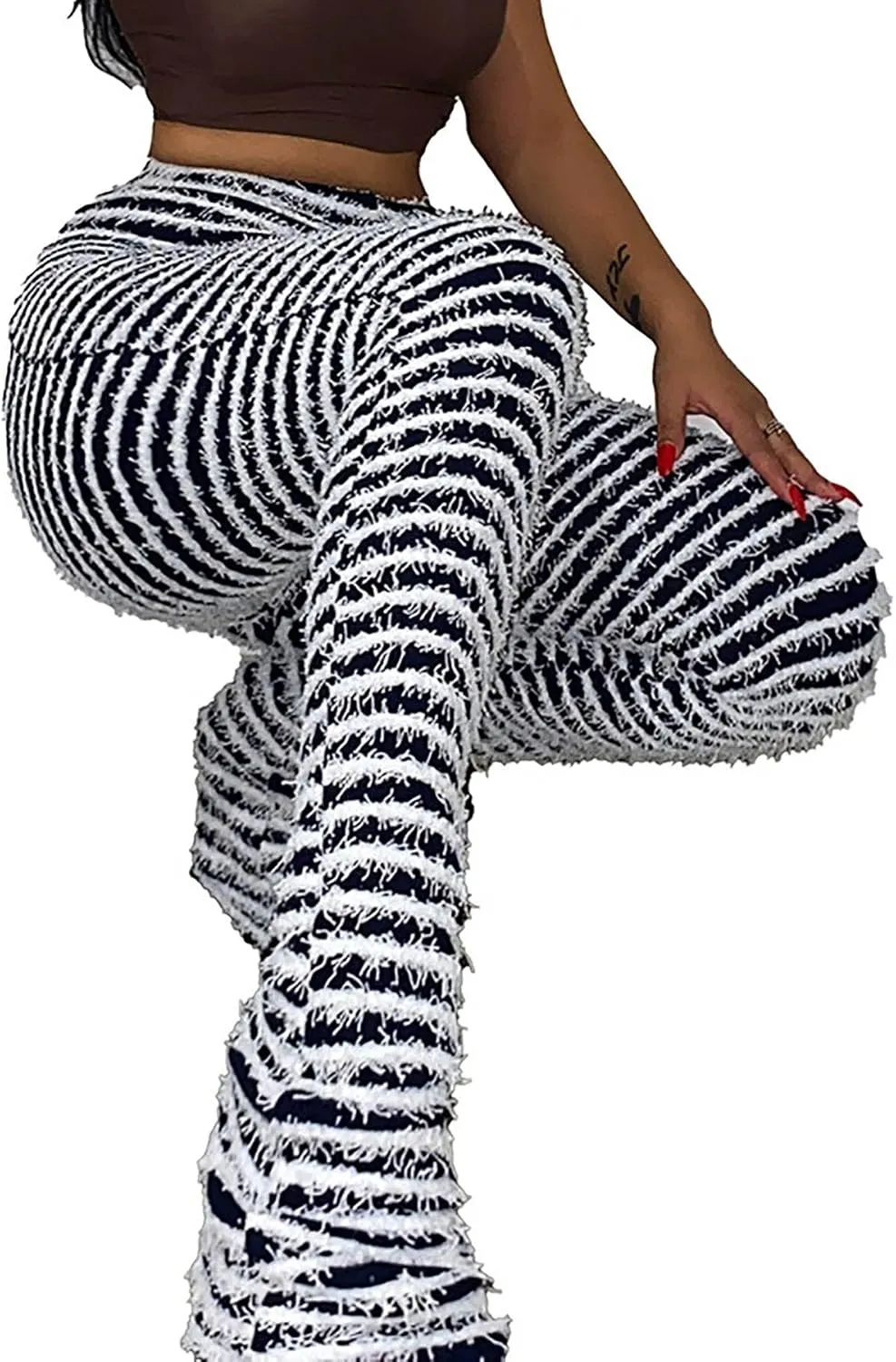 NRTHYE Womens Stacked Leggings Fleece Stripe Patchwork Knitted Pants High Waist Skinny Sweatpants