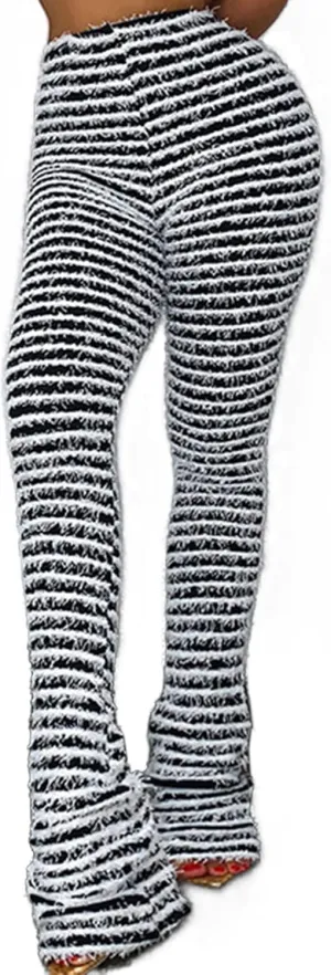 NRTHYE Womens Stacked Leggings Fleece Stripe Patchwork Knitted Pants High Waist Skinny Sweatpants