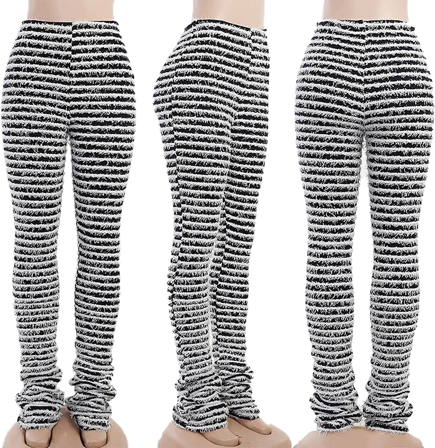 NRTHYE Womens Stacked Leggings Fleece Stripe Patchwork Knitted Pants High Waist Skinny Sweatpants
