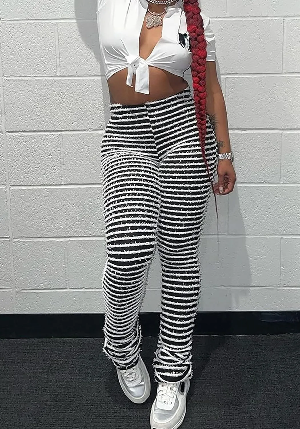 NRTHYE Womens Stacked Leggings Fleece Stripe Patchwork Knitted Pants High Waist Skinny Sweatpants