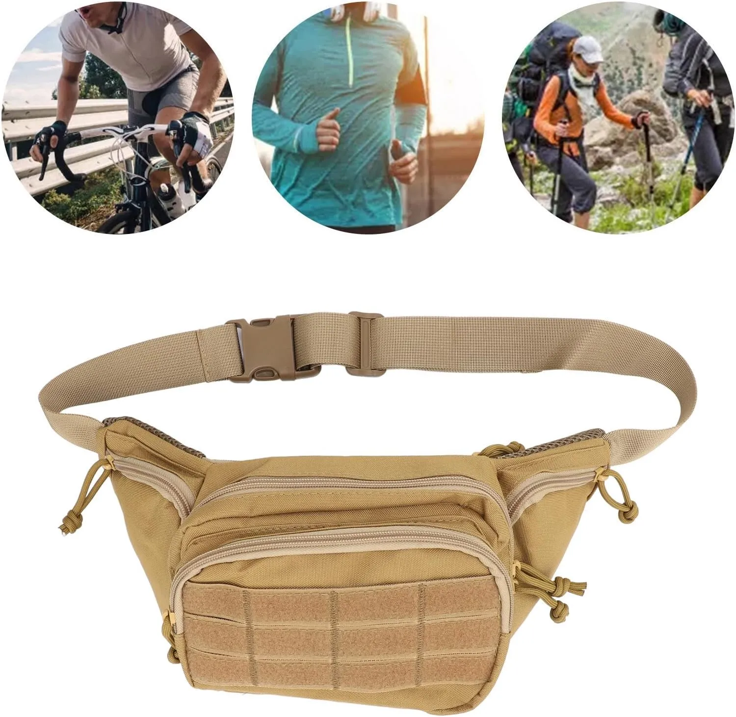 Nylon Multifunctional Sports Waist Bag Large Capacity Chest Belt Bag for Running Hiking Cycling Travel (Khaki)