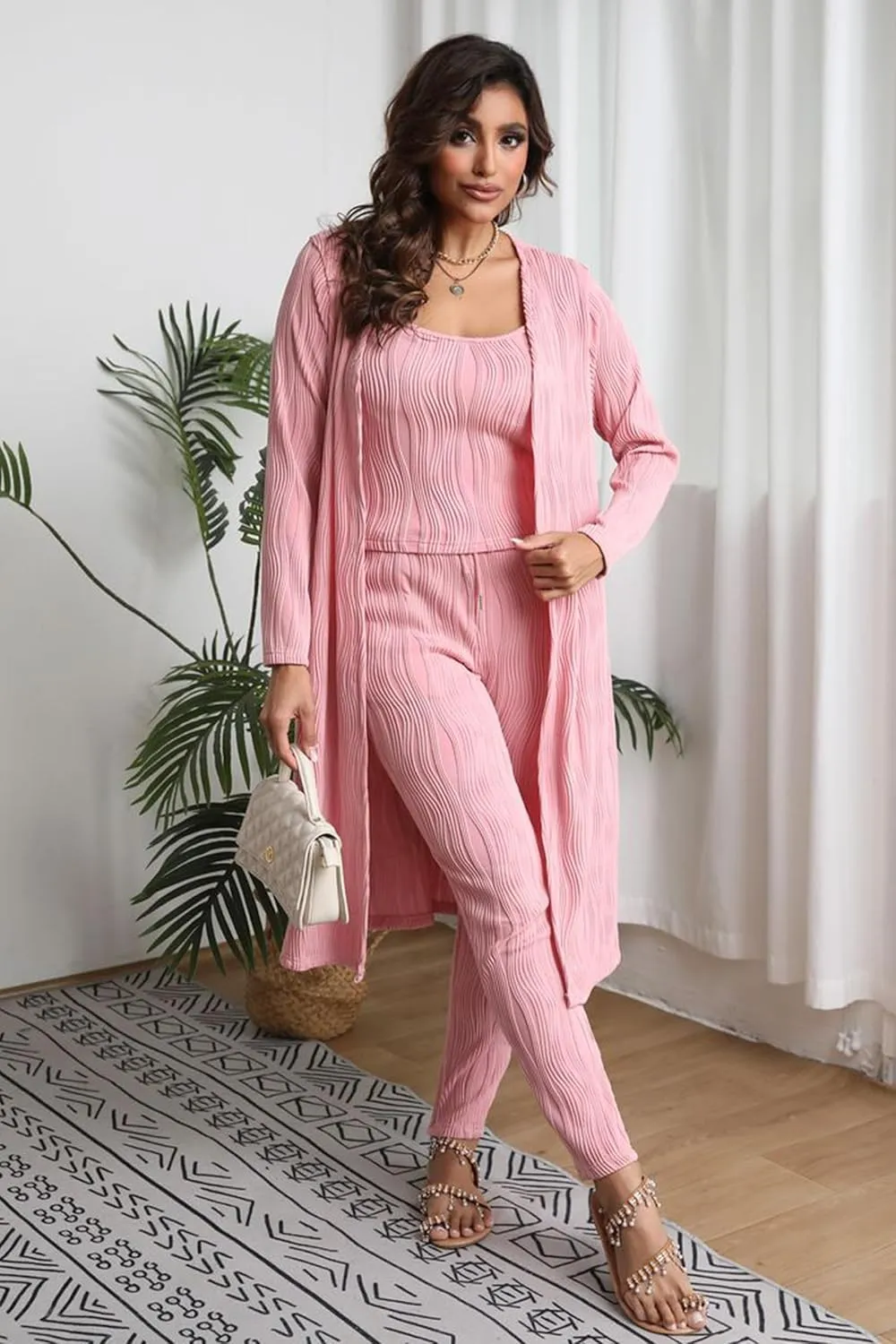 OCEANLUX Women 3 Piece Lounge Outfits Pajamas Set Long Cardigan Crop Tank Tops Pants Loungewear Sleepwear