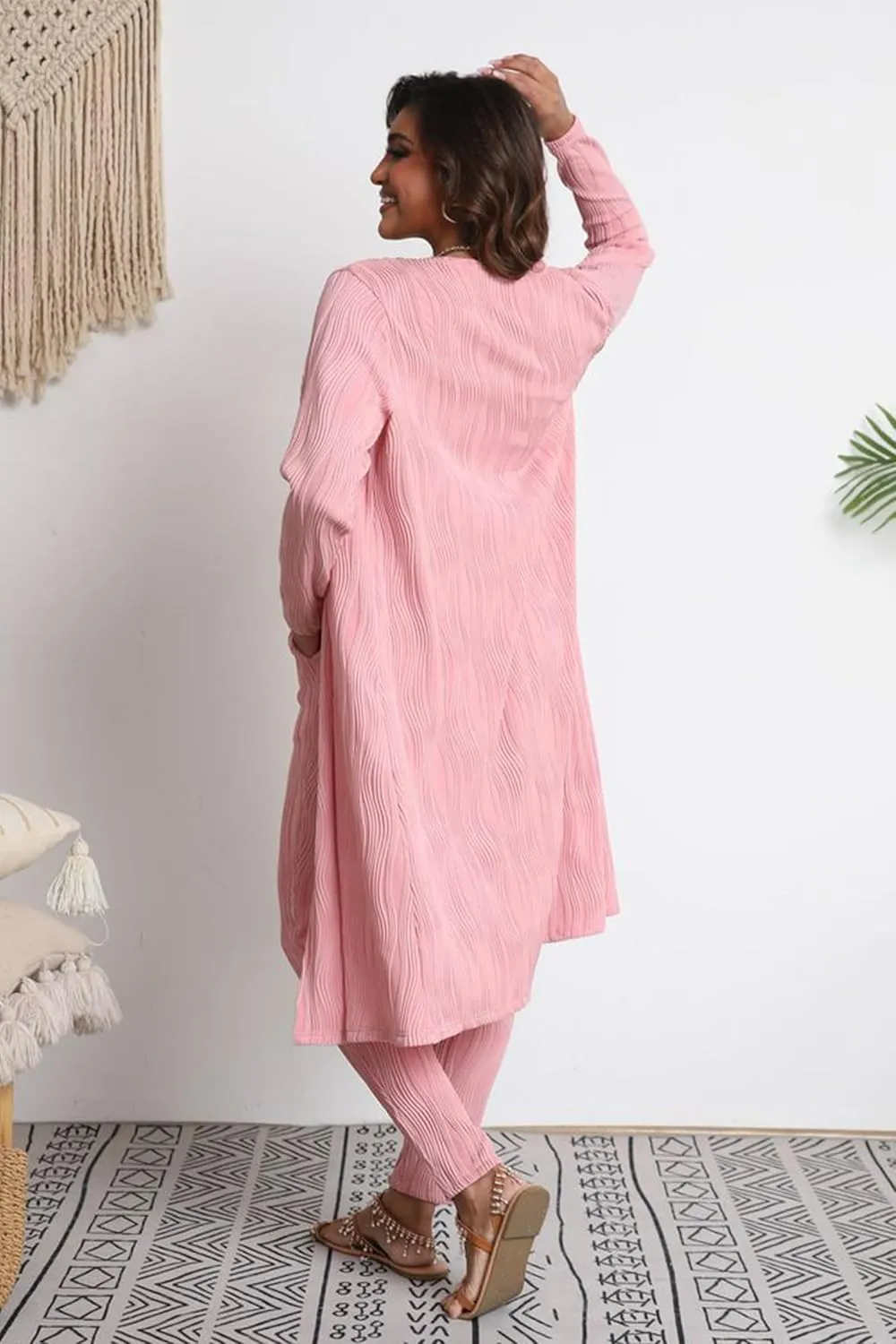 OCEANLUX Women 3 Piece Lounge Outfits Pajamas Set Long Cardigan Crop Tank Tops Pants Loungewear Sleepwear