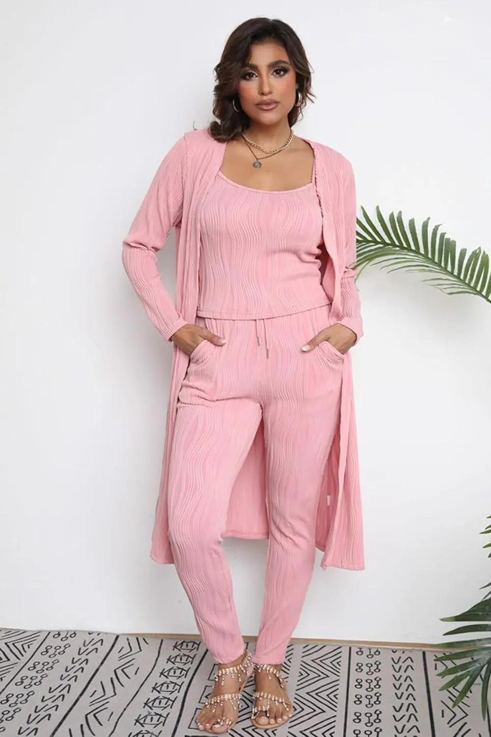 OCEANLUX Women 3 Piece Lounge Outfits Pajamas Set Long Cardigan Crop Tank Tops Pants Loungewear Sleepwear