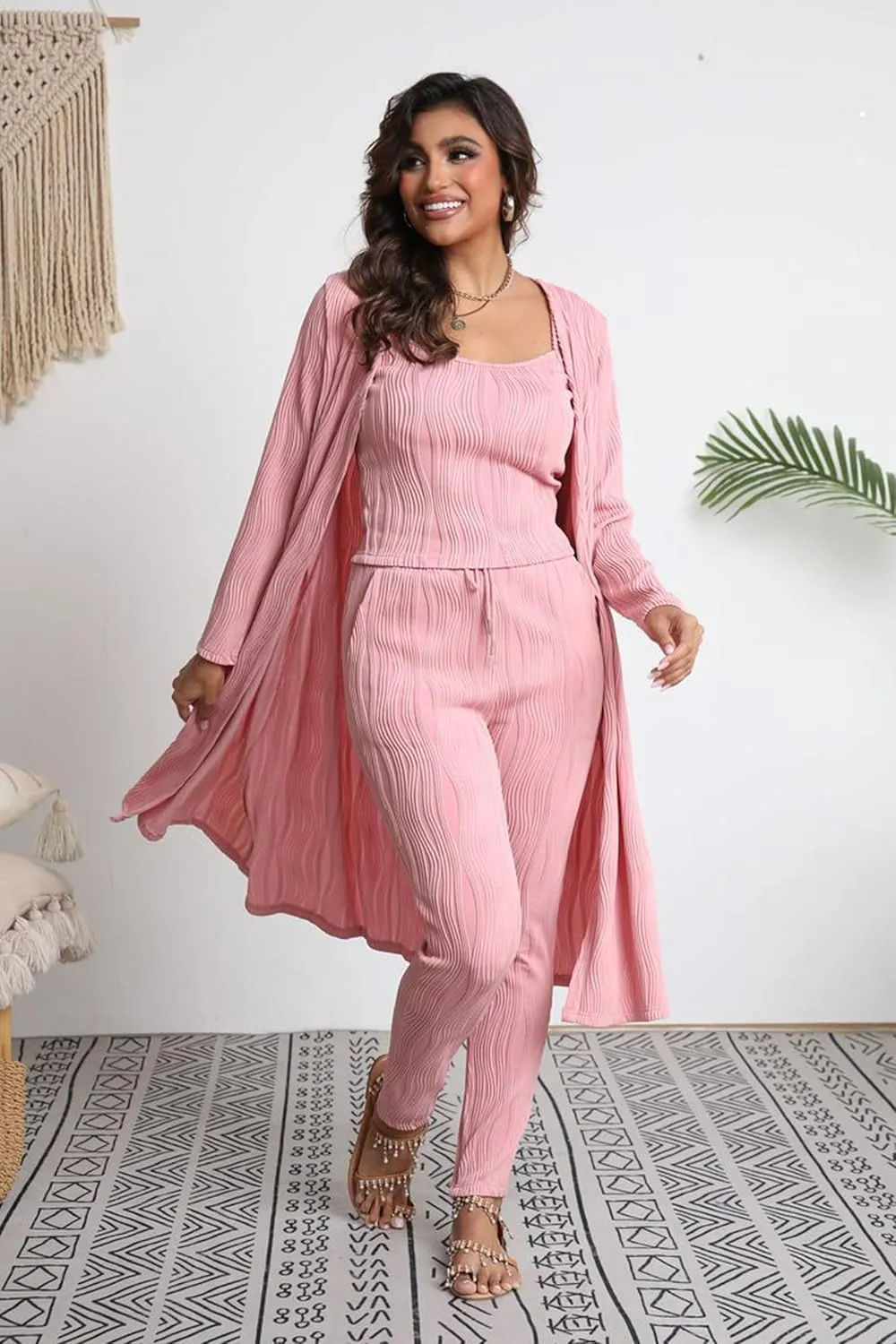 OCEANLUX Women 3 Piece Lounge Outfits Pajamas Set Long Cardigan Crop Tank Tops Pants Loungewear Sleepwear