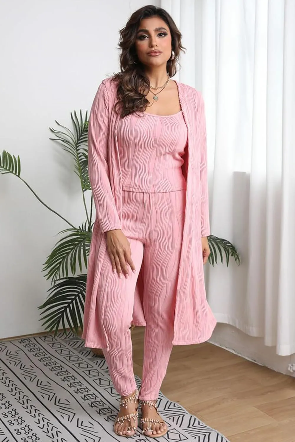 OCEANLUX Women 3 Piece Lounge Outfits Pajamas Set Long Cardigan Crop Tank Tops Pants Loungewear Sleepwear