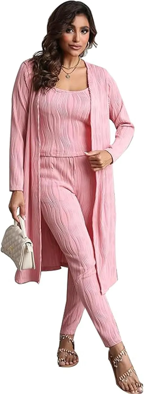 OCEANLUX Women 3 Piece Lounge Outfits Pajamas Set Long Cardigan Crop Tank Tops Pants Loungewear Sleepwear