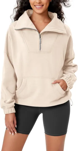 ODODOS Cinchable Sweatshirts for Women Funnel Neck Half Zipper Hoodies Fleece Lined Oversized Pullover