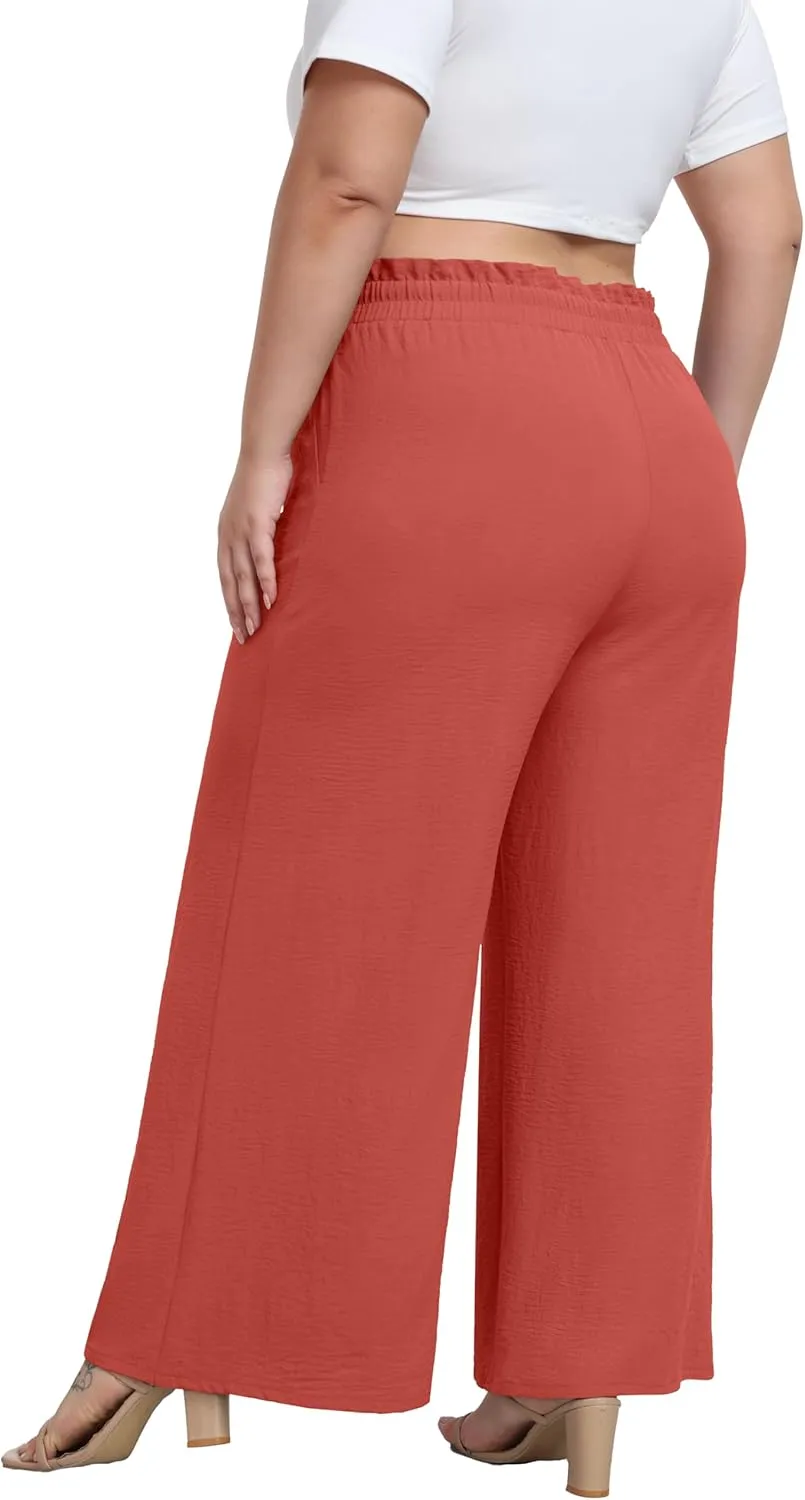 OLRIK Women's Plus Size Pants Self-Tie Belted High Waisted Wide Leg Pants Long Straight Palazzo Trousers with Pockets