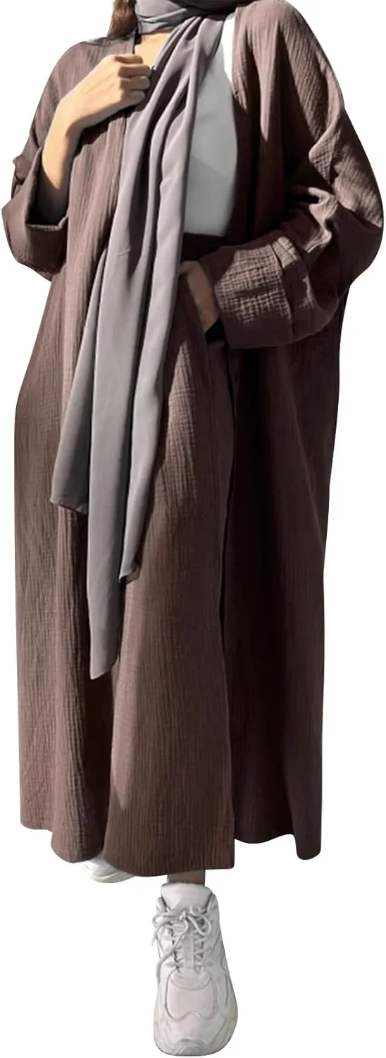 Open Abayas Kimono Muslim Women Cardigan Maxi Dress and Pants Set Islamic Clothing Dubai Saudi Robe