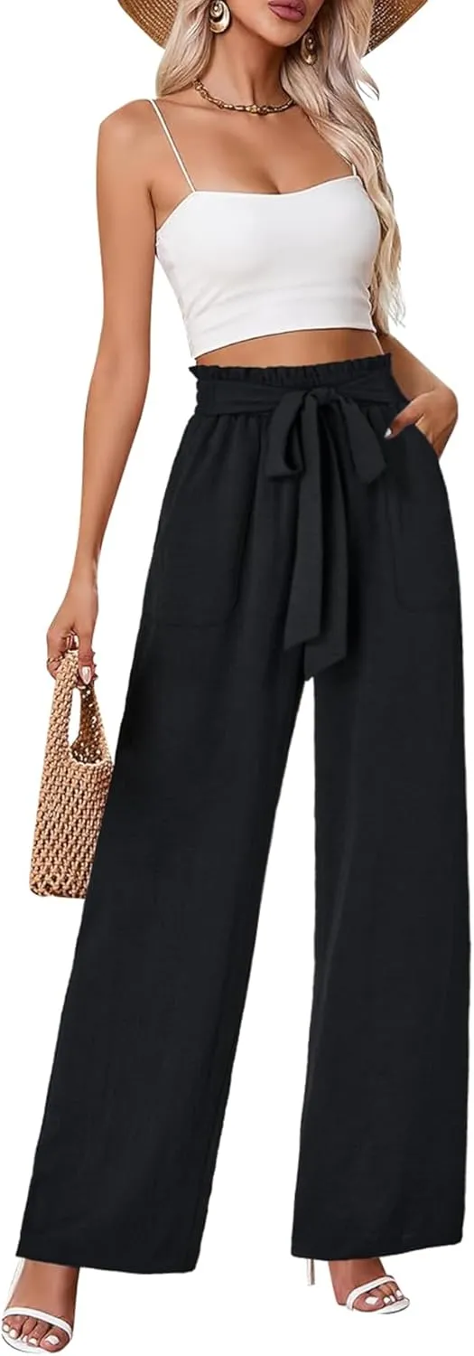 OPOIPIN Women's Casual High Waist Tie Knot Front Straight Leg Pants Long Trousers with Pockets