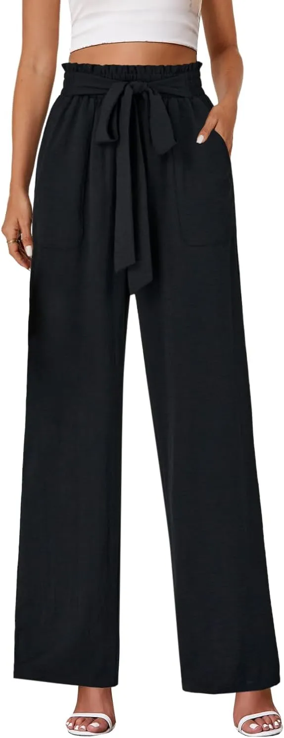 OPOIPIN Women's Casual High Waist Tie Knot Front Straight Leg Pants Long Trousers with Pockets
