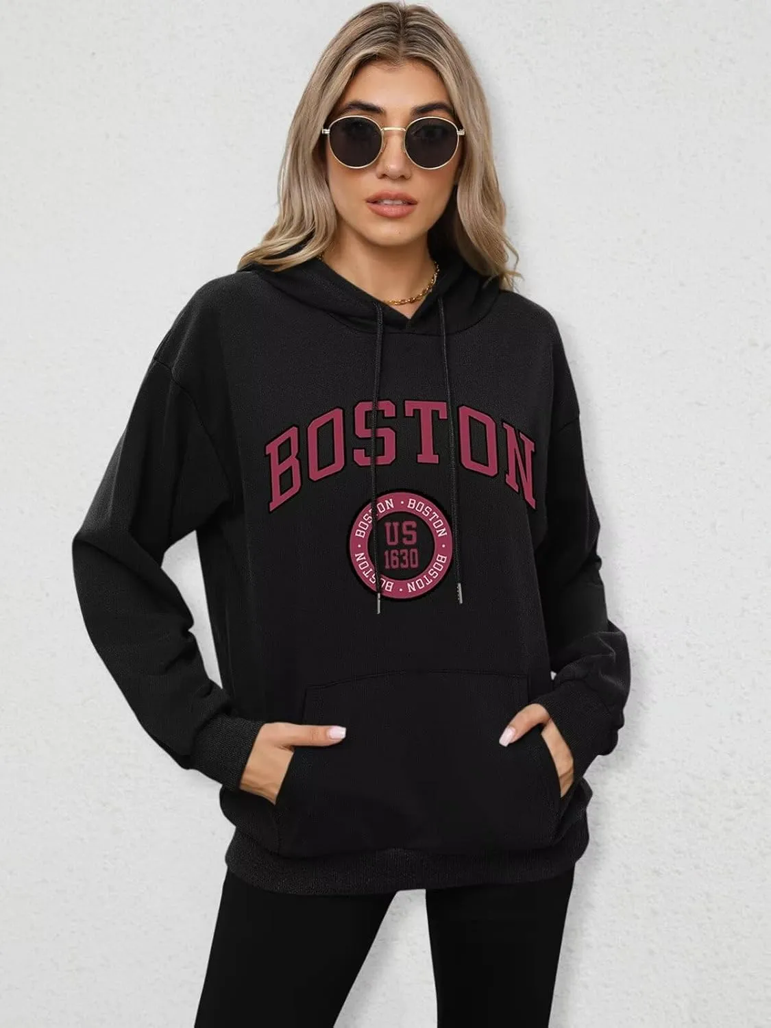 ORANDESIGNE Letter Graphic Print Hoodies for Women Oversized Long Sleeve Casual Drawstring Fall Pullover Sweatshirt Tops