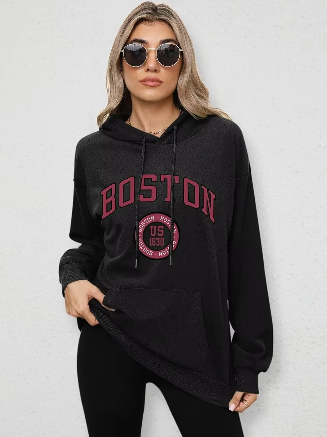 ORANDESIGNE Letter Graphic Print Hoodies for Women Oversized Long Sleeve Casual Drawstring Fall Pullover Sweatshirt Tops