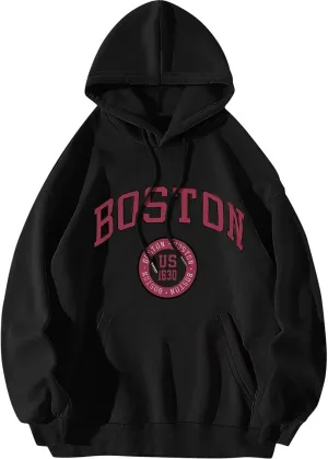 ORANDESIGNE Letter Graphic Print Hoodies for Women Oversized Long Sleeve Casual Drawstring Fall Pullover Sweatshirt Tops